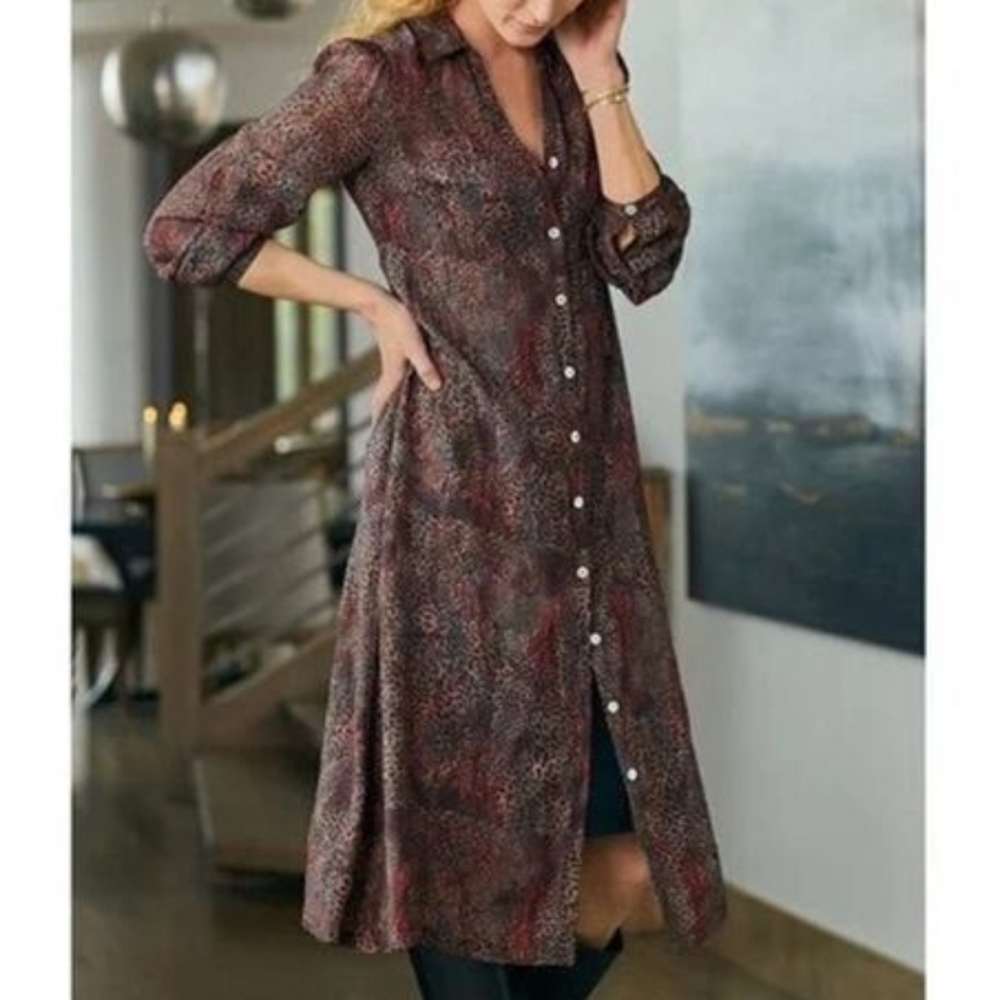 Soft Surroundings Lawton Leopard Button Down Midi Shirt Dress Women's XS